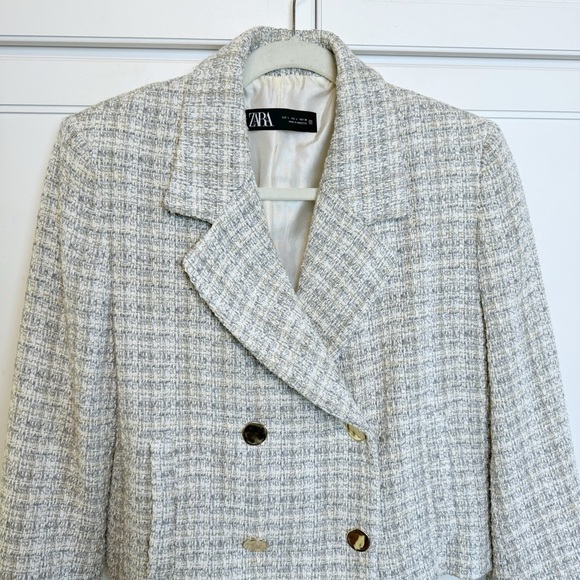 Zara Double Breasted Tweed Jacket Large Gray Texture Weave Crop Blazer Academia - Picture 6 of 16
